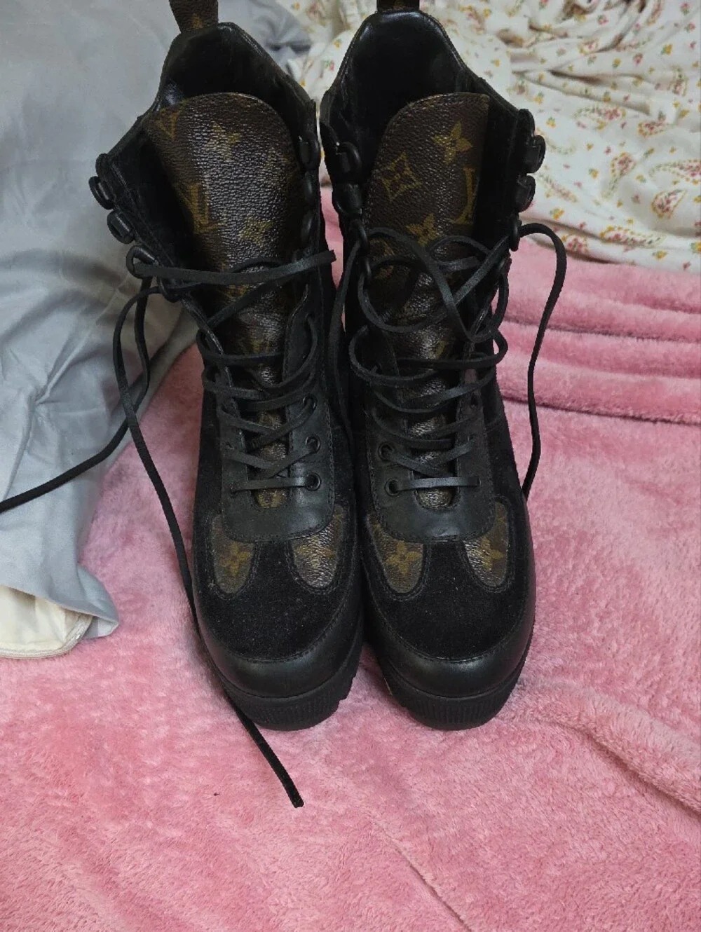 Black Suede Lace-Up Platform Ankle Boots